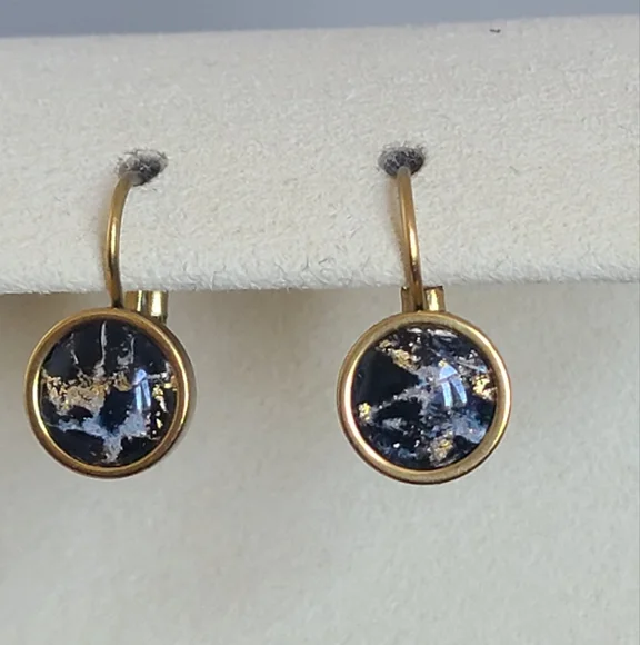 Elegant Hand Crafted Boho Black Gold Gemstone Marble Circle Drop Dangle Earrings - Picture 3 of 13